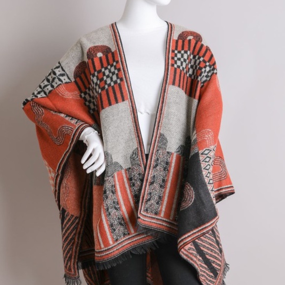 Cozy Multicolor Fringe Hem Print Wrap Shawl Poncho - Picture 6 of 6